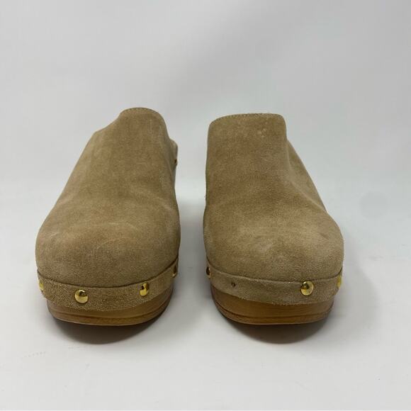 Steve Madden platform tan leather suede clogs womens size 10 gold brads - Picture 3 of 10